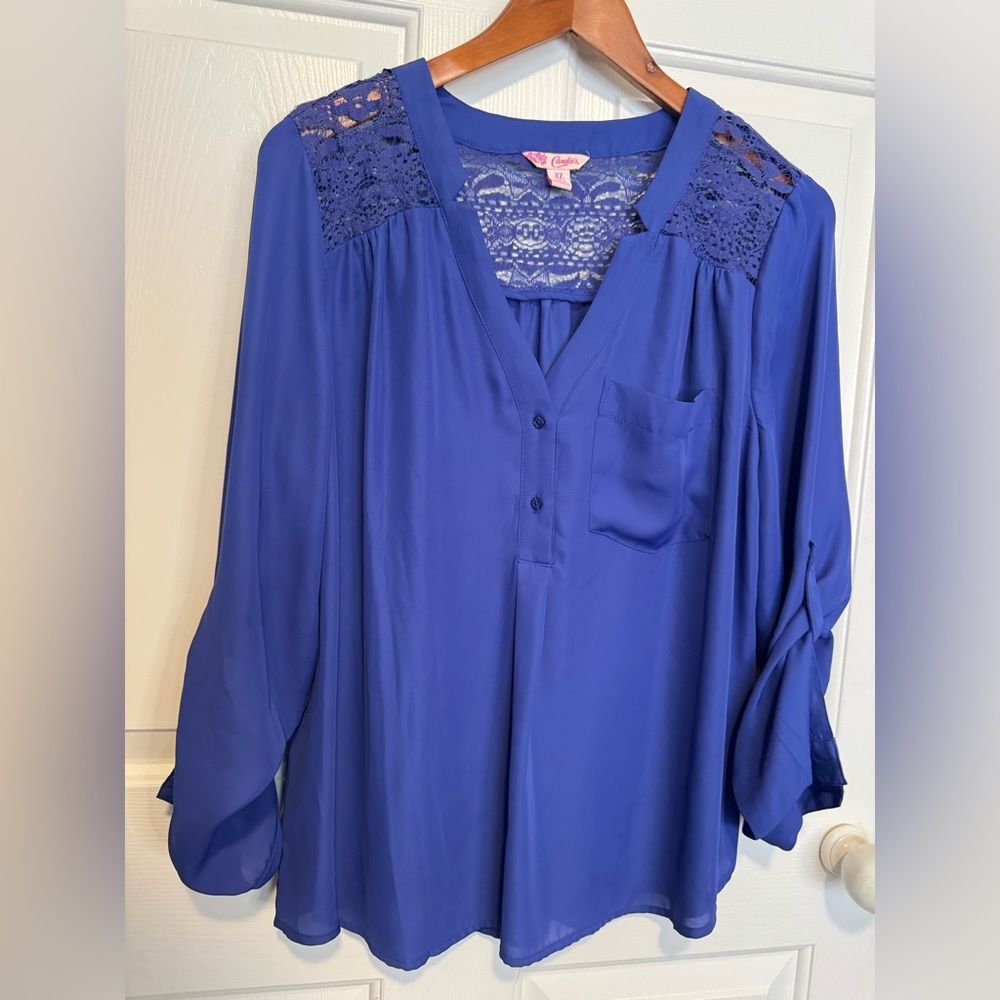 Candie's Royal Blue Lace-Yoke V-Neck Blouse size XL